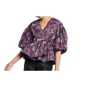 Kika Vargas Cotton Shirt Size S Purple Coral Reef Scallop Edge Wrap Top Colorful